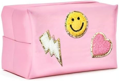 LieToi Preppy Patch Cosmetic Toiletry Bag, PU Leather Portable Waterproof Makeup Bag Smile Lightning Heart Organizer Compliant Bag Daily Travel Use Storage Purse for Women Girls (Large, Pink)