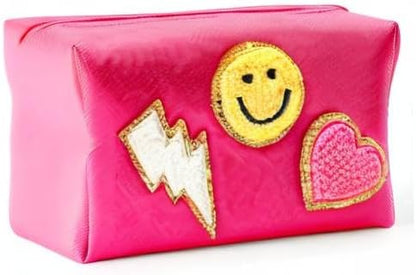 LieToi Preppy Patch Small Toiletry Bag, Smile Lightning Heart PU Leather Portable Waterproof Makeup Cosmetic Bag Daily Use Storage Purse Travel Organizer Compliant Bag for Women Girls Gift (Rose Red)