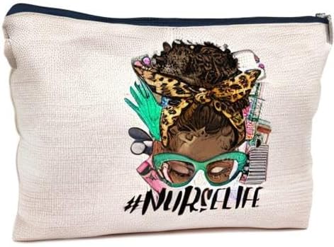 IWXYI Afro Messy Bun Nurse Life Cosmetic Bag For Women,Western Nurse Life Women's Makeup Bag Case Bags Zipper Pouch Travel Toiletry Gifts For Women Afro Nurse,Afro Nurse Gift,Nurses Day Gift