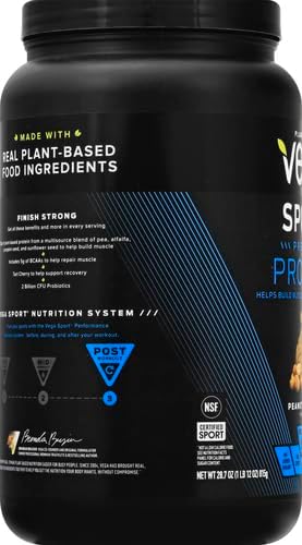 Vega Premium Sport Protein Peanut Butter Protein Powder, Vegan, Non GMO, Gluten Free Plant Based Protein Powder Drink Mix, NSF Certified for Sport, 28.7 oz