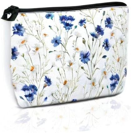 Daisy Makeup Bag Blue Cornflower Cosmetic Bag for Women, Travel Small Pouch for Toiletries, Water Resistant Gift 9.5×5.9 Inch