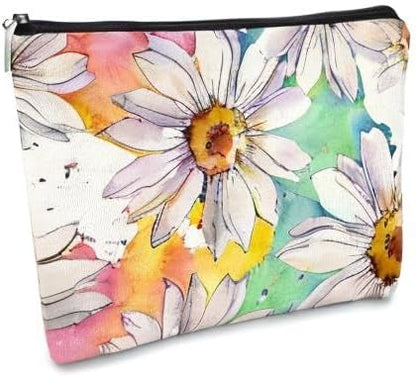 White Daisy Flowers Makeup Bag,Watercolor Botanical Flower Cosmetic Bag Best Gift Idea for Teen Girls Women,Birthday Christmas Gifts for Girls Women Daughter Sister