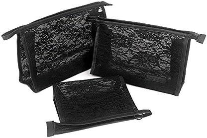 fashion portable cosmetic bag,Visible large capacity Nylon storage bag, for Business Travel bath, Unisex (black 3pcs set) (purpose made Lace Mesh triangular zippered cosmetic bag)