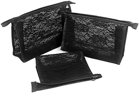 fashion portable cosmetic bag,Visible large capacity Nylon storage bag, for Business Travel bath, Unisex (black 3pcs set) (purpose made Lace Mesh triangular zippered cosmetic bag)