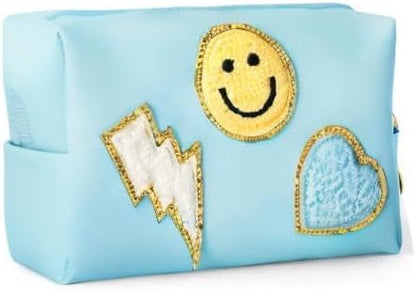 LieToi Preppy Patch Small Toiletry Bag, Smile Lightning Heart PU Leather Portable Waterproof Makeup Cosmetic Bag Daily Use Storage Purse Travel Organizer Compliant Bag for Women Girls (Canal Blue)