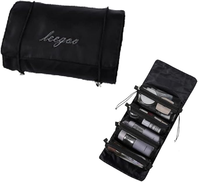 Roll Up Makeup Bag, Hanging Toiletry Bag, 4 in 1 Detachable Cosmetic Bag, 4 Removable Storage Bags, Travel Makeup Organizer Bags for Women Men(Black)