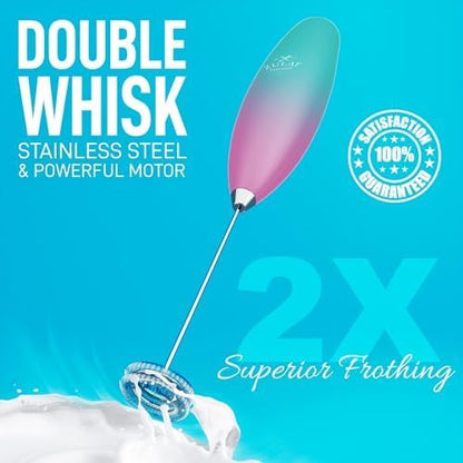 Zulay Kitchen Powerful Double Whisk Milk Frother Handheld - Foam Maker With Stand - Whisk Drink Mixer for Coffee, Mini Foamer for Latte, Matcha, Frappe, Hot Chocolate & Cappuccino (Bubblegum)