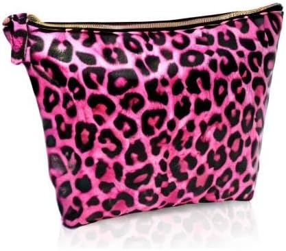 Vegan Leather Hot Pink Leopard Makeup Bag Y2K 2000s McBling Aesthetic - Cheetah Print Small Cosmetic Toiletry Storage Case Travel Make Up Bag - Cute Girly Girl Gifts for Women Cute Accessories Things