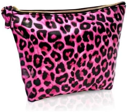 Vegan Leather Hot Pink Leopard Makeup Bag Y2K 2000s McBling Aesthetic - Cheetah Print Small Cosmetic Toiletry Storage Case Travel Make Up Bag - Cute Girly Girl Gifts for Women Cute Accessories Things