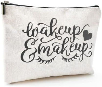 Wake Up & Make Up Funny Makeup Bag Gift for Women Inspirational Cosmetics Pouch for Purse Travel Bag Cases for Toiletries Accessories Organizer