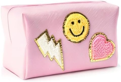 LieToi Preppy Patch Small Toiletry Bag Smile Lightning Heart PU Leather Portable Waterproof Makeup Cosmetic Bag Daily Use Storage Purse Travel Organizer Compliant Bag for Women Girls Gift (Pink)