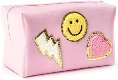 LieToi Preppy Patch Small Toiletry Bag Smile Lightning Heart PU Leather Portable Waterproof Makeup Cosmetic Bag Daily Use Storage Purse Travel Organizer Compliant Bag for Women Girls Gift (Pink)