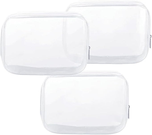 Clear Plastic Zippered Toiletry Carry Pouch TSA Approved Toiletry Bag Portable Cosmetic Makeup Bag for Vacation, Bathroom and Organizing (White 3Pcs, Large)