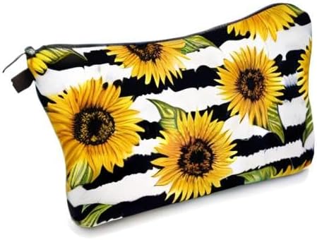 Cute Travel Makeup Bag Cosmetic Bag Small Pouch Gift for Women (Stripes Sunflowers)