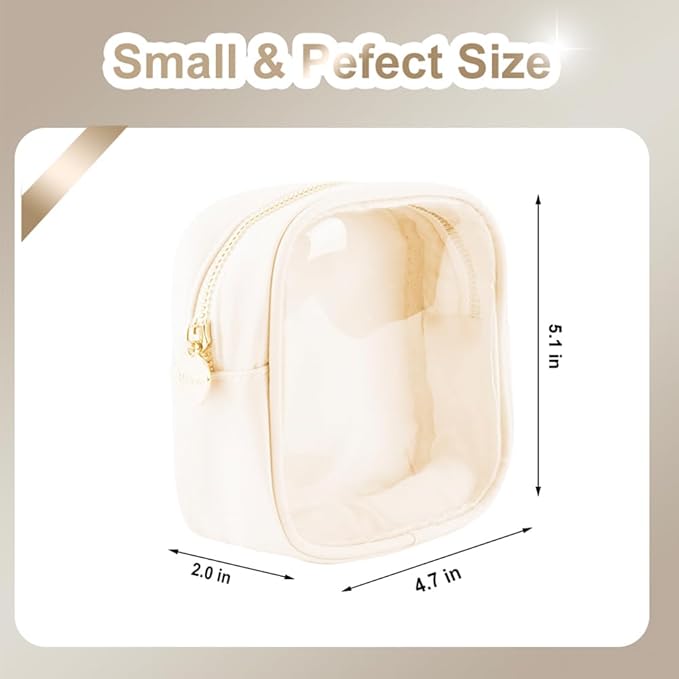 Small Preppy Clear Cosmetic Pouch Women Travel Mini Transparent TPU and Nylon Makeup Pouch(Small, Beige)