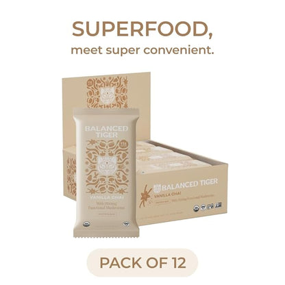 Organic Functional Mushroom Protein Bars | Full Dose (1500mg) Lions Mane, Chaga, Reishi & Cordyceps Bars | Vegan Protein Bars, Adaptogens, Superfoods Protein Bars | Vanilla Chai Flavor