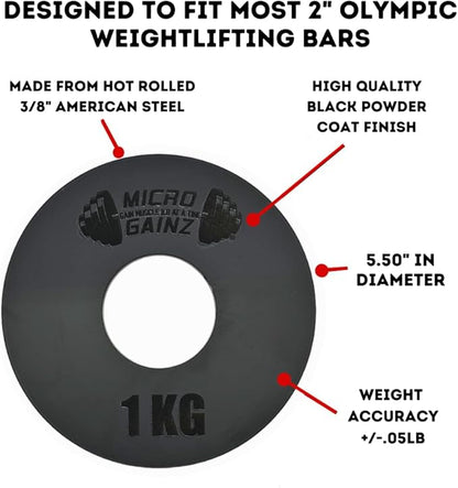 Micro Gainz Olympic Kilogram Fractional Weight Plate Set of 6 Steel Plates- (2-.25KG, 2-.50KG, 2-1KG) Plates -Designed for Olympic Barbells, Used for Strength Training and Micro Loading, Made in USA