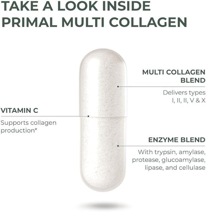 Primal Harvest Multi Collagen Pills for Women and Men (Type I, II, III, V, X) 120 Capsules w/Vitamin C for Hair, Skin, Nails