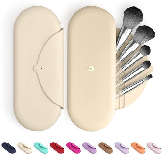 Embla Makeup Brush Holder Travel Cosmetic Case Pouch, Soft Silicone Cosmetic Bag Make Up Brushes Holder with Secure Snap Closure, Travel Makeup Brush Case, Champagne