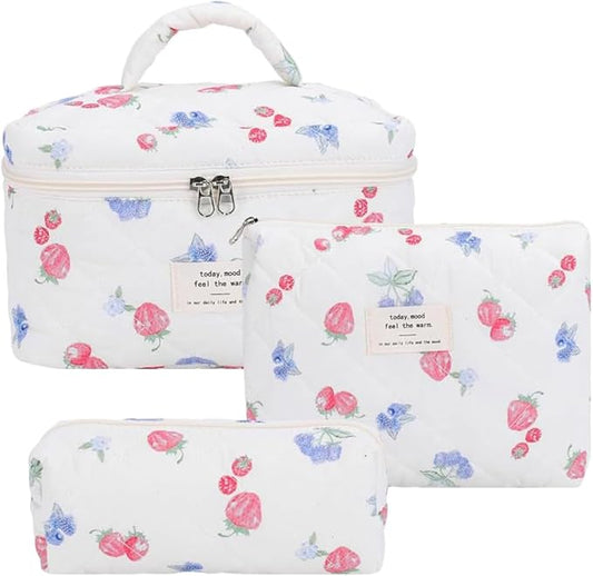 Quilted Makeup Bag Set 3 Pcs Cotton Cute Makeup Bags For Women Large Aesthetic Floral Cosmetic Bag Coquette Flower Makeup Pouch