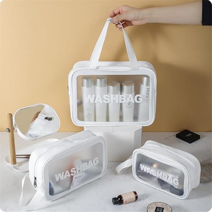 Travel Toiletry Bag for Women Men, Translucent Waterproof Travel Makeup Cosmetic Pouch Traveling Organizer for Toiletries, Cosmetic, Accessories (A-White)
