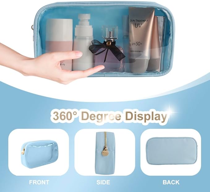 Travel Clear Slim Cosmetic Bag Preppy TPU and Nylon Makeup Bag for Women (Medium, IceBlue)