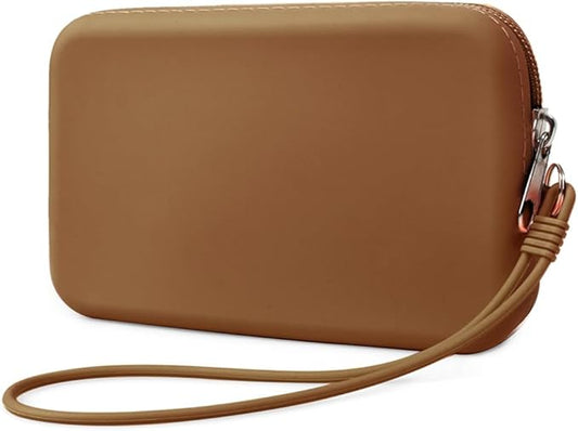 Silicone Small Makeup Bag Pouch for Purse, Travel Toiletry Bag Cute Portable Cosmetic Bag Waterproof Makeup Storage Bag Mini Zipper Clutch Makeup Organizer for Makeup, Beauty Tools (Small Brown)