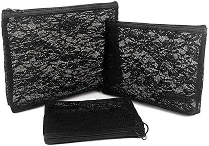 fashion portable cosmetic bag,Visible large capacity Nylon storage bag, for Business Travel bath, Unisex (black 3pcs set) (purpose made lace zippered cosmetic bag)