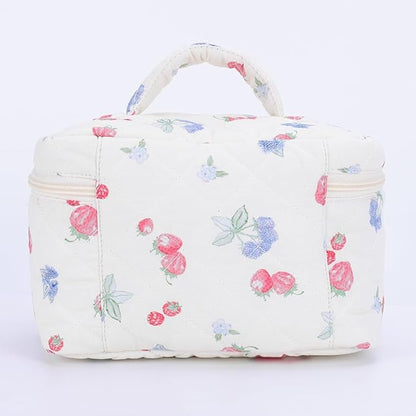 Quilted Makeup Bag Set 3 Pcs Cotton Cute Makeup Bags For Women Large Aesthetic Floral Cosmetic Bag Coquette Flower Makeup Pouch