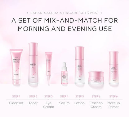 Skin Care Set JAPAN SAKURA Beauty Gift Sets Skin Care Kit with Cleanser, Toner, Lotion, Serum, Eye Cream, Face Cream, Make up Primer Travel Kit for Women Wife Mom 7pcs