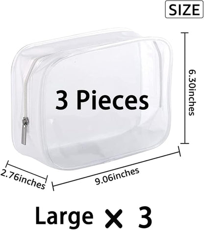 Clear Plastic Zippered Toiletry Carry Pouch TSA Approved Toiletry Bag Portable Cosmetic Makeup Bag for Vacation, Bathroom and Organizing (White 3Pcs, Large)