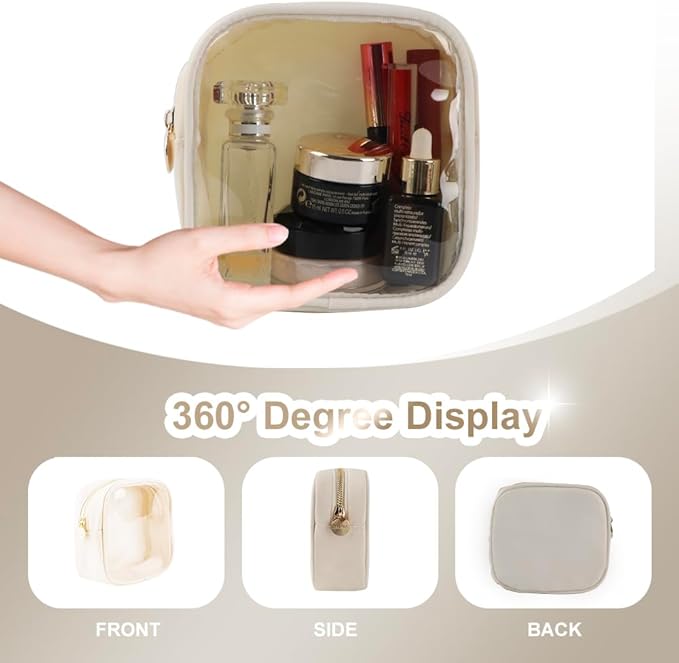 Small Preppy Clear Cosmetic Pouch Women Travel Mini Transparent TPU and Nylon Makeup Pouch(Small, Beige)