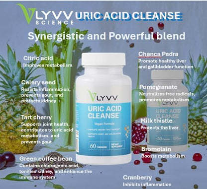LYVV Uric Acid Cleanse with Chanca Piedra, Celery Seed Extract, Tart Cherry, and More for Uric Acid Regulating, Inflammation and Swelling Regulating.