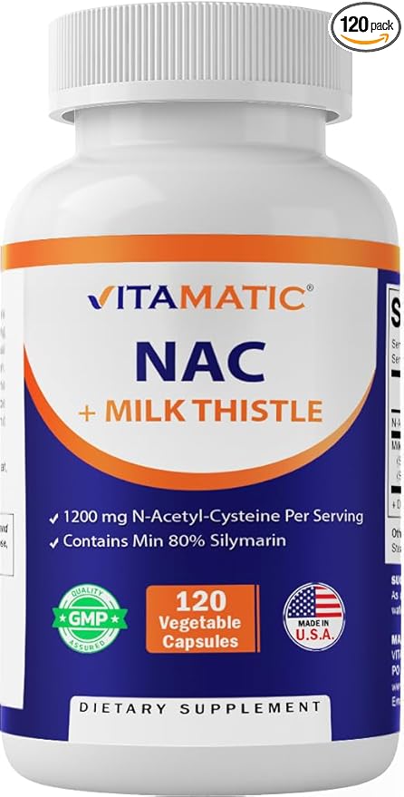 Vitamatic NAC Supplement N-Acetyl-L-Cysteine (NAC) with Milk Thistle 50:1 Extract - Supports Immune, Respiratory, Liver Health, 1200 mg per Serving, 120 Veg Capsules