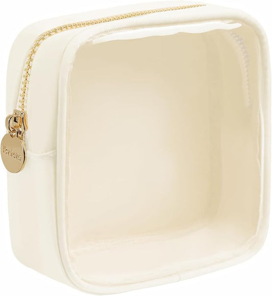 Small Preppy Clear Cosmetic Pouch Women Travel Mini Transparent TPU and Nylon Makeup Pouch(Small, Beige)
