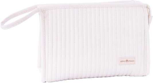 Small Makeup Bag Simple Cosmetic Pouch, Water Resistant PU Striped Leather Portable Travel Toiletry Bag with Handle for Women and Girls (Creamy White)