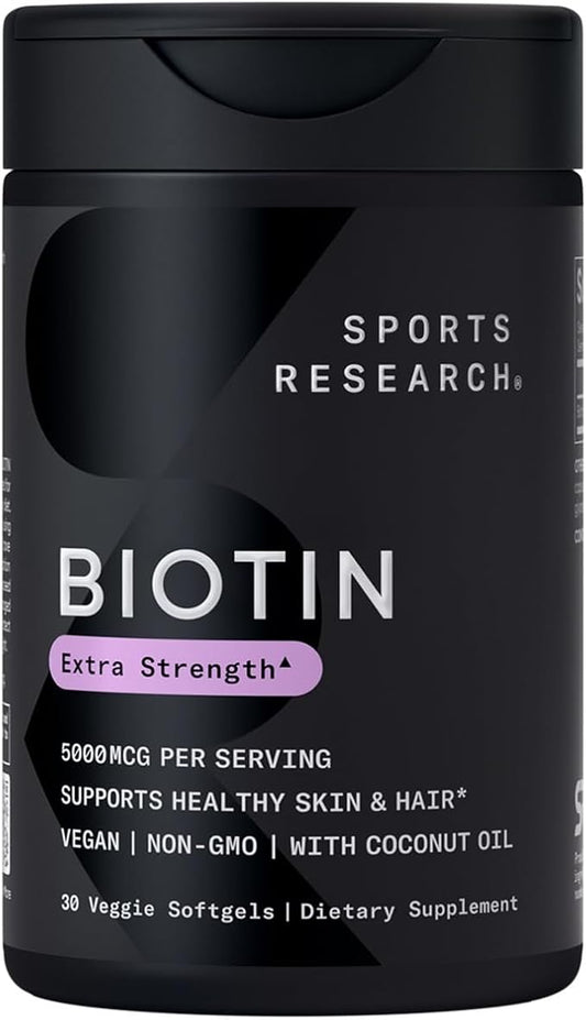 Sports Research Vegan Biotin 5000mcg with Organic Coconut Oil | Extra Strength Biotin Vitamin B7 Supplement for Hair & Skin Support | Non-GMO Verified, Soy Free, Gluten Free - 30 Softgels