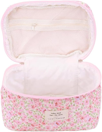 Quilted Makeup Bag Set 3 Pcs Cotton Cute Makeup Bags For Women Large Aesthetic Floral Cosmetic Bag Coquette Flower Makeup Pouch