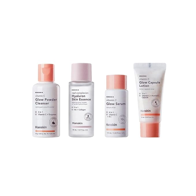 Hanskin Vitamin C Skincare Set – Brightening & Hydrating Travel Kit with Cleanser, Essence, Serum & Lotion – Korean Skincare for Glowing, Radiant Skin – Moisturizing Face Care Gift Set