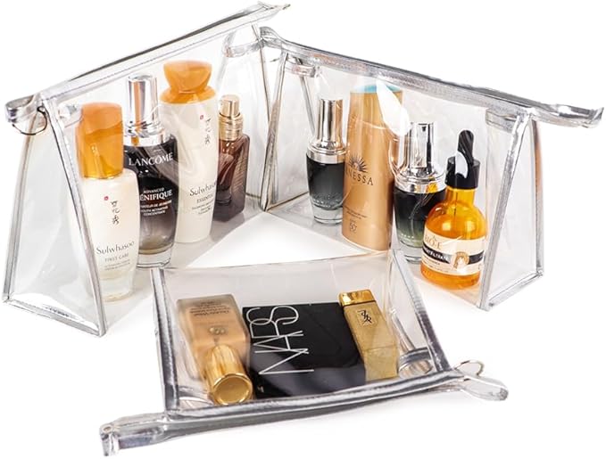 fashion portable cosmetic bag,Visible large capacity TPU storage bag, for Business Travel bath, Unisex (transparent 3pcs set) (silver rim transparent triangular zippered cosmetic bag)