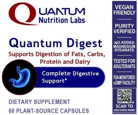 Quantum Nutrition Labs Quantum Digest - Digestive Health Enzymes for Women and Men, Digestion Support for Gut Health, Fully Active Vegan Enzyme Pills - 60 Vegetarian Capsules