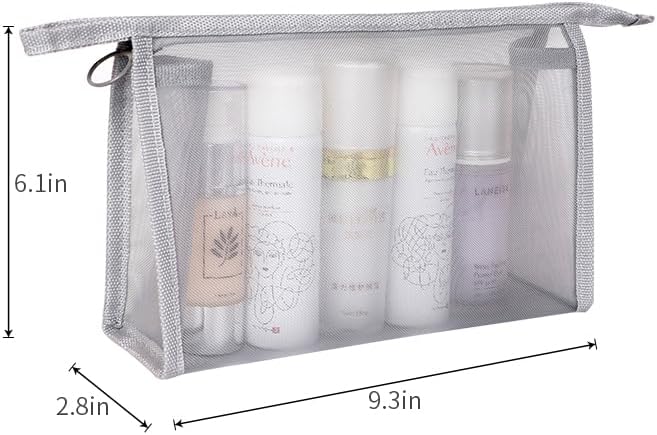 fashion portable cosmetic bag,Visible large capacity Nylon storage bag, for Business Travel bath, Unisex (gray 3pcs set) (gray whole mesh triangle zippered cosmetic bag)