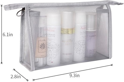 fashion portable cosmetic bag,Visible large capacity Nylon storage bag, for Business Travel bath, Unisex (gray 3pcs set) (gray whole mesh triangle zippered cosmetic bag)