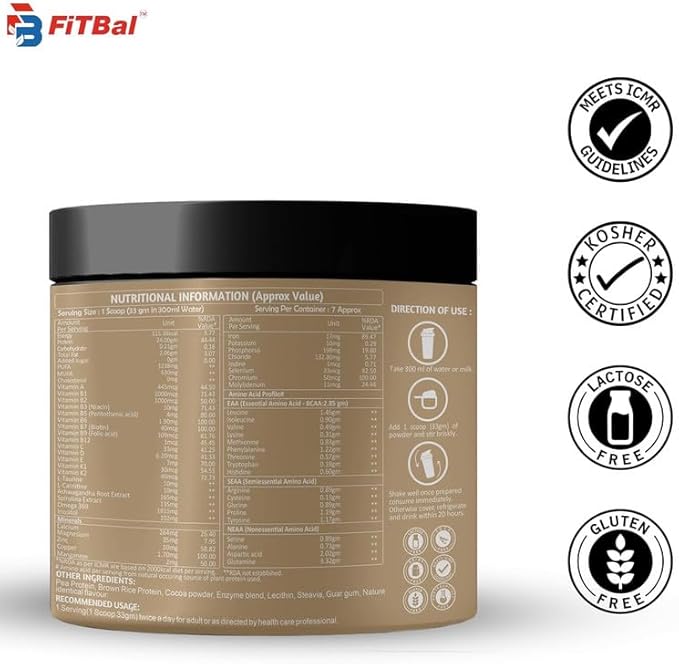 Belgian Chocolate Vegan Plant Protein Powder for Diabetic Care 250 Gram (7 Servings) Serving Quantity-33G 24G Protein Per Serving, Glutamine - 3.32 Gm