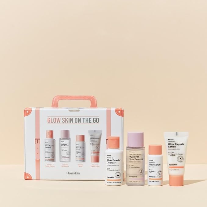 Hanskin Vitamin C Skincare Set – Brightening & Hydrating Travel Kit with Cleanser, Essence, Serum & Lotion – Korean Skincare for Glowing, Radiant Skin – Moisturizing Face Care Gift Set