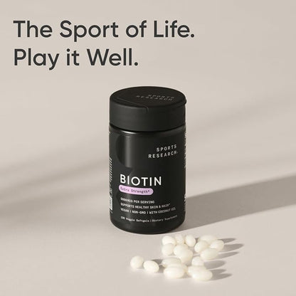 Sports Research Vegan Biotin 5000mcg with Organic Coconut Oil - Extra Strength Biotin Vitamin B7 for Healthier Hair & Skin + Keratin Support - Non-GMO & Gluten Free, 120 Softgels (4 Month Supply)
