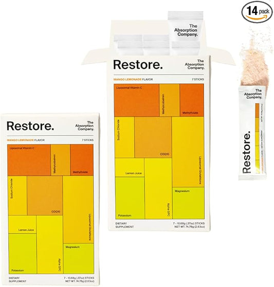 Electrolyte Powder Packets - Workout Recovery & Hydration Drink Mix with Liposomal Glutathione, Vitamin C & Methylated B Vitamins - Mango Lemonade (14 Sticks)