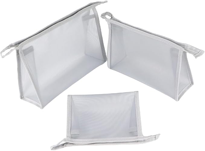 fashion portable cosmetic bag,Visible large capacity Nylon storage bag, for Business Travel bath, Unisex (gray 3pcs set) (gray whole mesh triangle zippered cosmetic bag)