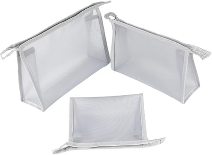 fashion portable cosmetic bag,Visible large capacity Nylon storage bag, for Business Travel bath, Unisex (gray 3pcs set) (gray whole mesh triangle zippered cosmetic bag)