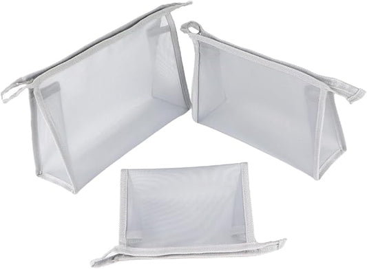 fashion portable cosmetic bag,Visible large capacity Nylon storage bag, for Business Travel bath, Unisex (gray 3pcs set) (gray whole mesh triangle zippered cosmetic bag)